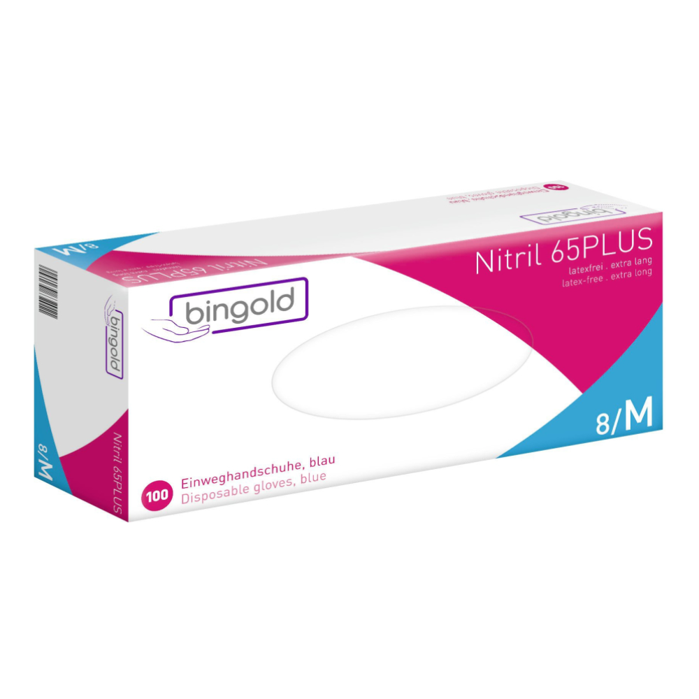 The package “Bingold Nitril 65PLUS gloves, blue” from BINGOLD GmbH + Co. KG contains 100 extra-long, latex-free blue gloves made of nitrile-butadiene rubber with micro-textured fingertips for better grip in size 8/M.