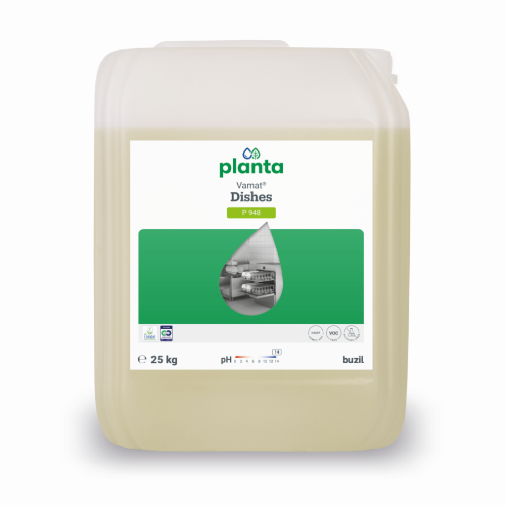 Ein 25 l Kanister aus transluzentem Kunststoff mit Griff und Schraubverschluss, beschriftet mit "Vamat® Geschirr P948" von BUZIL-WERK Wagner GmbH & Co. KG, enthält ein ökologisches, alkalisches Flüssigglas- und Geschirrspülmittel.