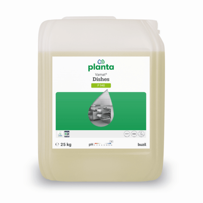 A 25-liter canister made of clear plastic containing Vamat® Dish P948 by BUZIL-WERK, an eco-friendly, alkaline liquid glass and dishwashing detergent for commercial machines, with a green-and-white label and a photo of kitchenware on the front.