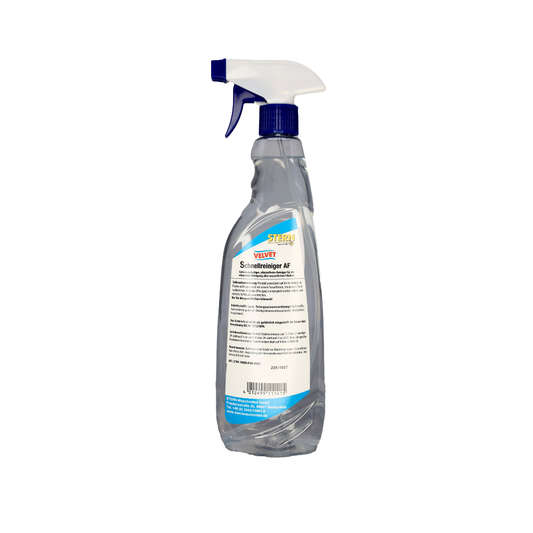 Eine klare 1-Liter-Flasche Velvet Schnellreiniger AF mit Sprühaufsatz der Stern Waschmittel GmbH, mit weißer und blauer Düse und weißem Etikett mit deutschem Text und blau-gelbem Logo oben, ideal für die tägliche Reinigung.