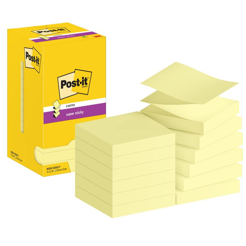 An open box with 3M Post-it® Super Sticky Z-Notes, Yellow (76 x 76 mm), 90 sheets/block, 12 blocks/pack, PEFC-certified by SGSCH-PEFC-COC-110078 shows neatly arranged yellow notes next to the box.