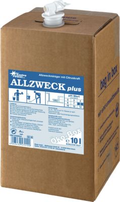 Die 10 l GastroPower Allzweck Plus Öko Box der Abena Re-Seller GmbH aus braunem Karton mit Spenderhahn und blau-weißem Etikett bietet einen konzentrierten, umweltfreundlichen Vielzweckreiniger für den vielseitigen Einsatz in der Gastronomie.