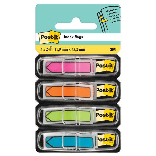Eine Packung Post-it® Index Pfeile der 3M Deutschland GmbH enthält vier Spender mit je 24 Fähnchen (11,9 x 43,2 mm) in den Farben Pink, Orange, Grün und Blau. Auf dem Etikett sind sowohl das Post-it® als auch das 3M-Logo abgebildet.