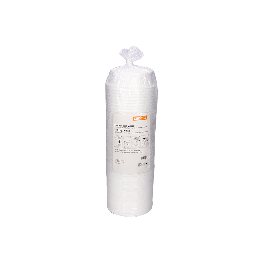 Eine Schachtel DEISS 6008 weißer Einweg-Brechbeutel (165x415 mm), 300 Stück, von EMIL DEISS KG, hygienisch verpackt in klarem Kunststoff mit einem Produktetikett auf der Vorderseite. Einfarbig weißer Hintergrund.