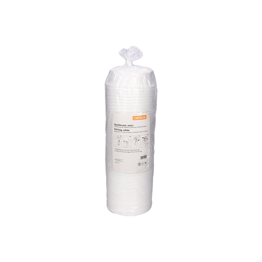 Eine Schachtel DEISS 6008 weißer Einweg-Brechbeutel (165x415 mm), 300 Stück, von EMIL DEISS KG, hygienisch verpackt in klarem Kunststoff mit einem Produktetikett auf der Vorderseite. Einfarbig weißer Hintergrund.