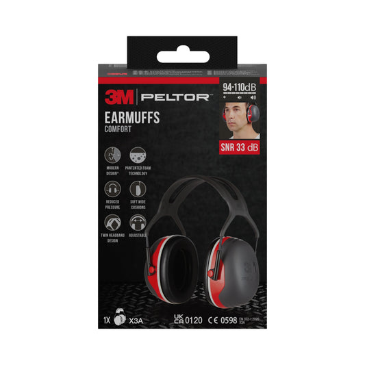 Eine Schachtel 3M™ PELTOR™ Komfort-Kapselgehörschutz von 3M Deutschland GmbH in Schwarz und Rot, die den Kapselgehörschutz, einen Träger und Merkmale wie SNR 33 dB und Schutzbereich von 94-110 dB auf der Verpackung zeigt.
