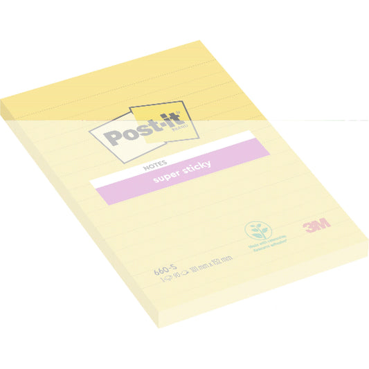 Ein Block Post-it® Super Sticky Notes, Ultra Yellow, 101 x 152 mm mit 90 Blatt pro Block. Diese linierten Notizen mit dem Post-it-Logo werden von der 3M Deutschland GmbH hergestellt und bestehen zu 100 % aus PEFC-zertifiziertem Recyclingmaterial.