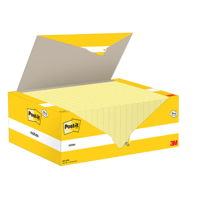 Eine gelbe Box mit Post-it® Notes (76 x 127 mm) von 3M Deutschland GmbH enthält 16 Blöcke plus 4 Gratisblöcke mit je 100 gelben Blättern. Zertifiziert 100% PEFC, ideal für Bürobedarf und Notizen am Arbeitsplatz oder zu Hause. Verpackung: 1 Stück.