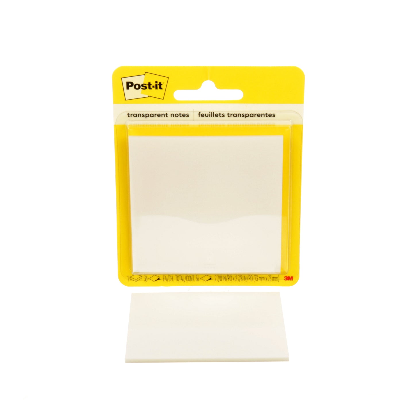 A pack of 3M Deutschland GmbH Post-it® Transparent Notes, 73x73 mm, with 36 sheets per pad and a clear back. The lettering is visible on the top; perfect for organizing notes. 1 piece per pack.