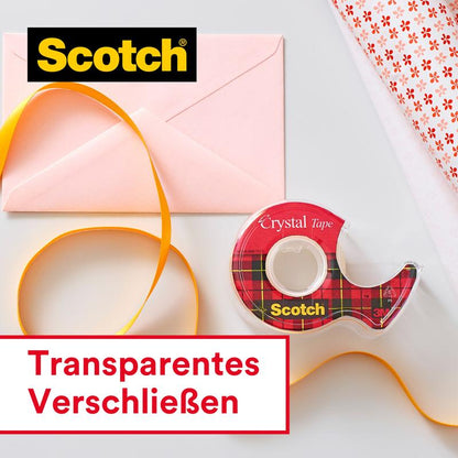 On a white surface lie two Scotch® Crystal Tape rolls (19 mm x 12 m, 3.2 m free, 3M Deutschland GmbH) on dispensers with a pink envelope, yellow ribbon, and wrapping paper. Text: "Transparent sealing", Scotch logo visible.