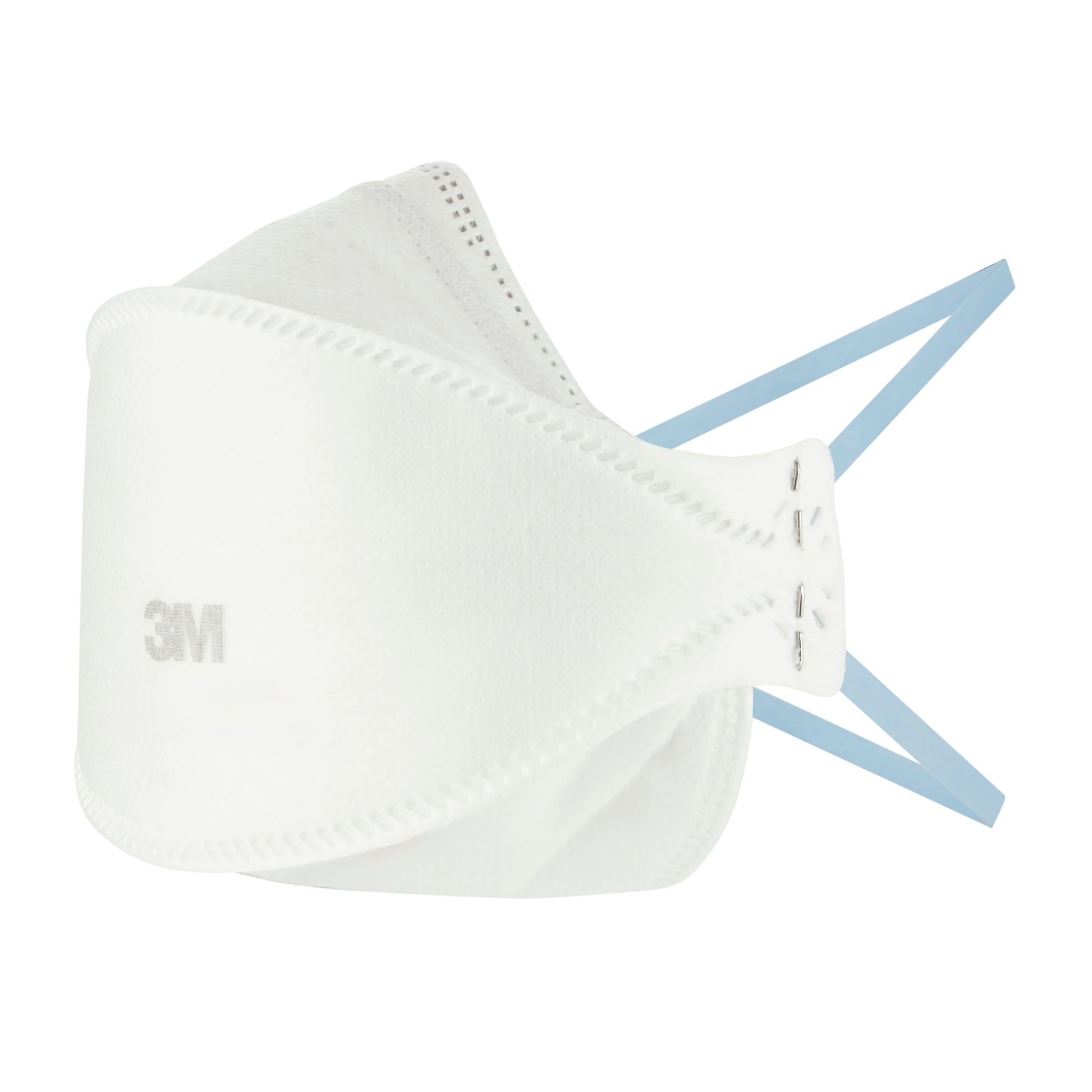 Die 3M™ Aura™ Komfort-Partikelmaske 9320+, FFP2 ohne Ventil (1 Stück) von 3M Deutschland GmbH ist auf weißem Hintergrund abgebildet und zeigt ihr gefaltetes Design und ihr Seitenprofil mit blauen Ohrschlaufen.