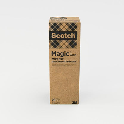 The 3M Deutschland GmbH Scotch® Magic™ Tape box made from 66% plant-based adhesive contains nine rolls (each 19 mm x 33 m) and is ideal for any office needs. The brown box features black and gold accents.