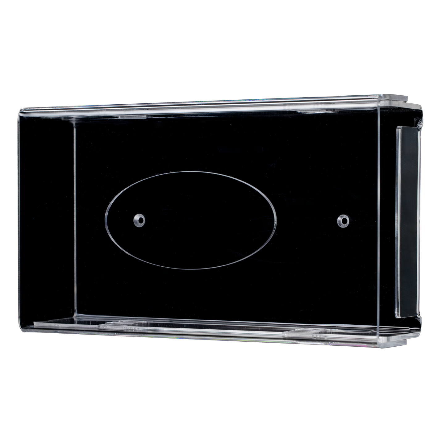 Der AMPri Einmalhandschuh Spender ist ein transparenter, milchiger Acryl-Wandhalter (250 x 135 x 55-90 mm) mit zwei Schraublöchern und einem ovalen Mittelteil, abgebildet auf weißem Hintergrund.