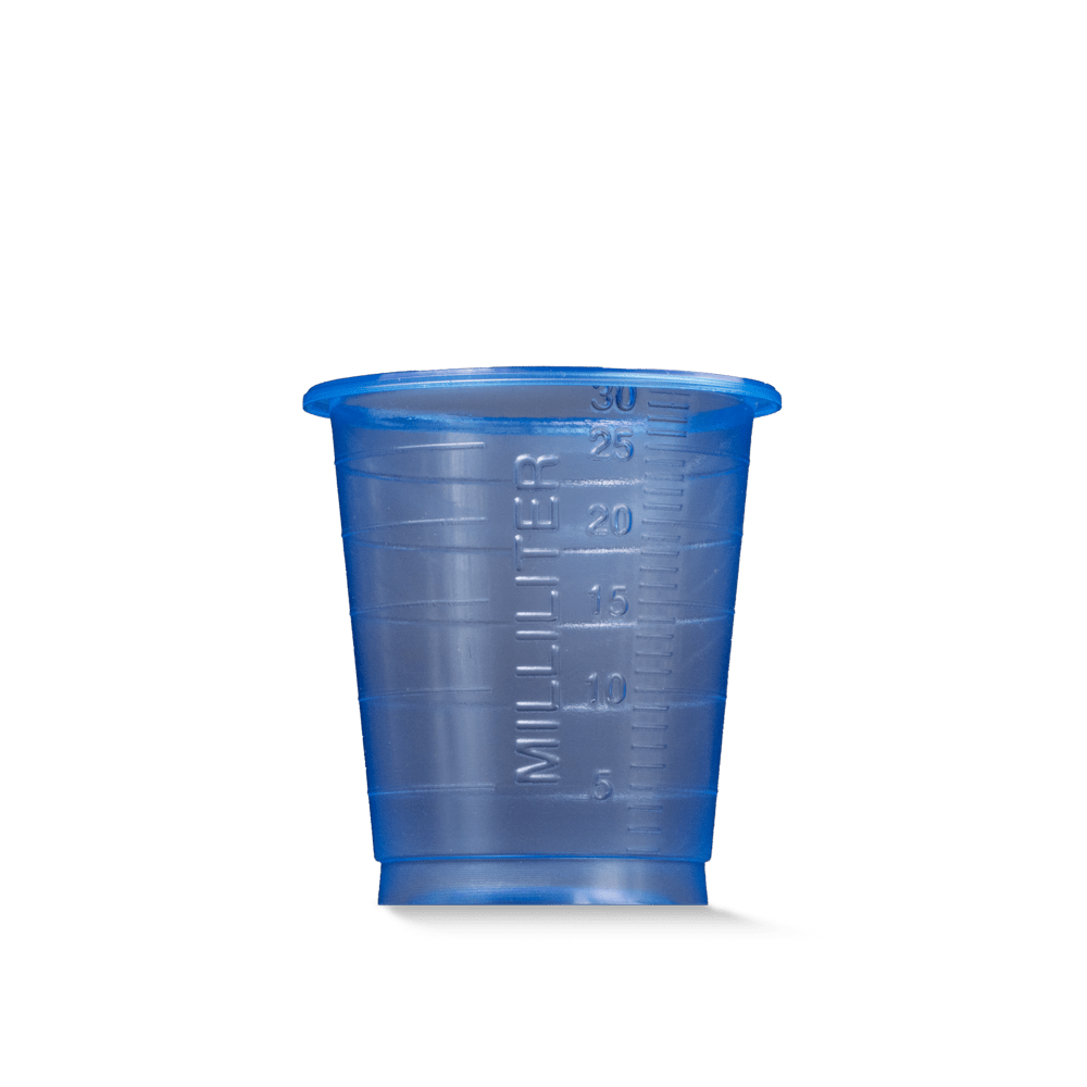 The MED COMFORT BASIC disposable medical cup by AMPri Handelsgesellschaft mbH is a small, blue, graduated 30 ml plastic cup for medical use, depicted on a plain white background.