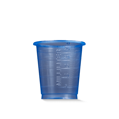 The MED COMFORT BASIC disposable medical cup by AMPri Handelsgesellschaft mbH is a small, blue, graduated 30 ml plastic cup for medical use, depicted on a plain white background.