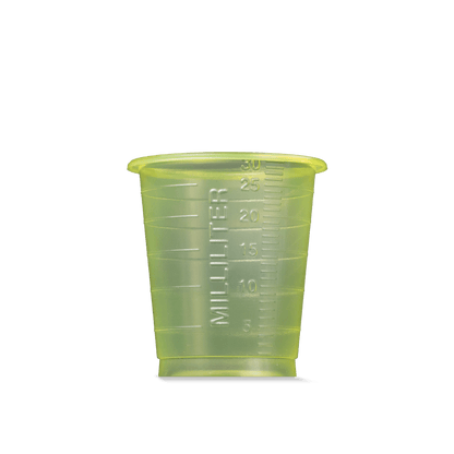 A translucent yellow MED COMFORT BASIC disposable medical cup by AMPri Handelsgesellschaft mbH, with a 30 ml capacity, featuring graduation marks for medical use, depicted on a plain white background.
