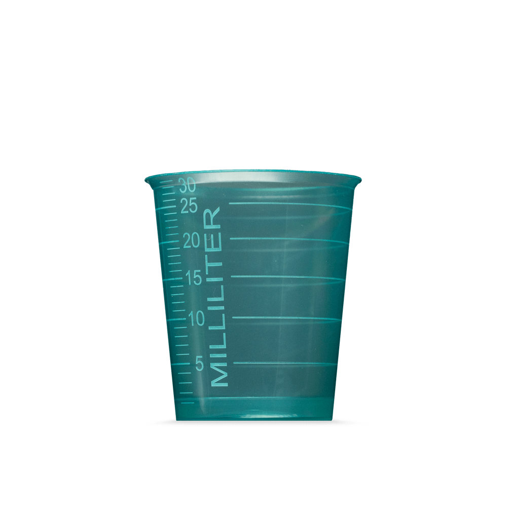 A translucent green MED COMFORT BASIC disposable medical cup by AMPri Handelsgesellschaft mbH, 30 ml, with milliliter graduations, stands on a plain white background - perfect for medical use.