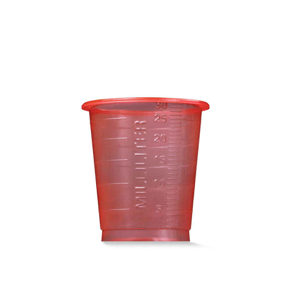 A translucent red MED COMFORT BASIC disposable medical cup, 30 ml, graduated by AMPri Handelsgesellschaft mbH for medical use, with a 30 ml marking, shown against a plain white background.