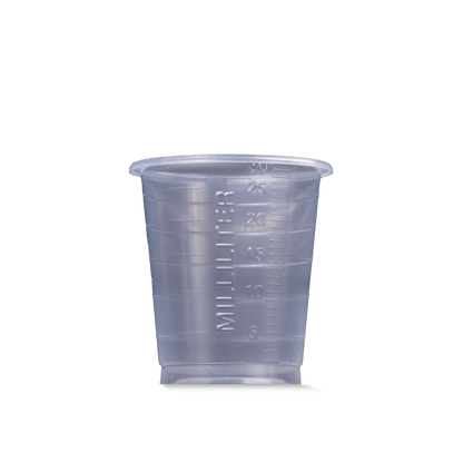 The MED COMFORT BASIC disposable medical cup by AMPri Handelsgesellschaft mbH is a clear 30 ml measuring cup, depicted upright and empty on a white background with a clearly visible milliliter marking - ideal for medical use.