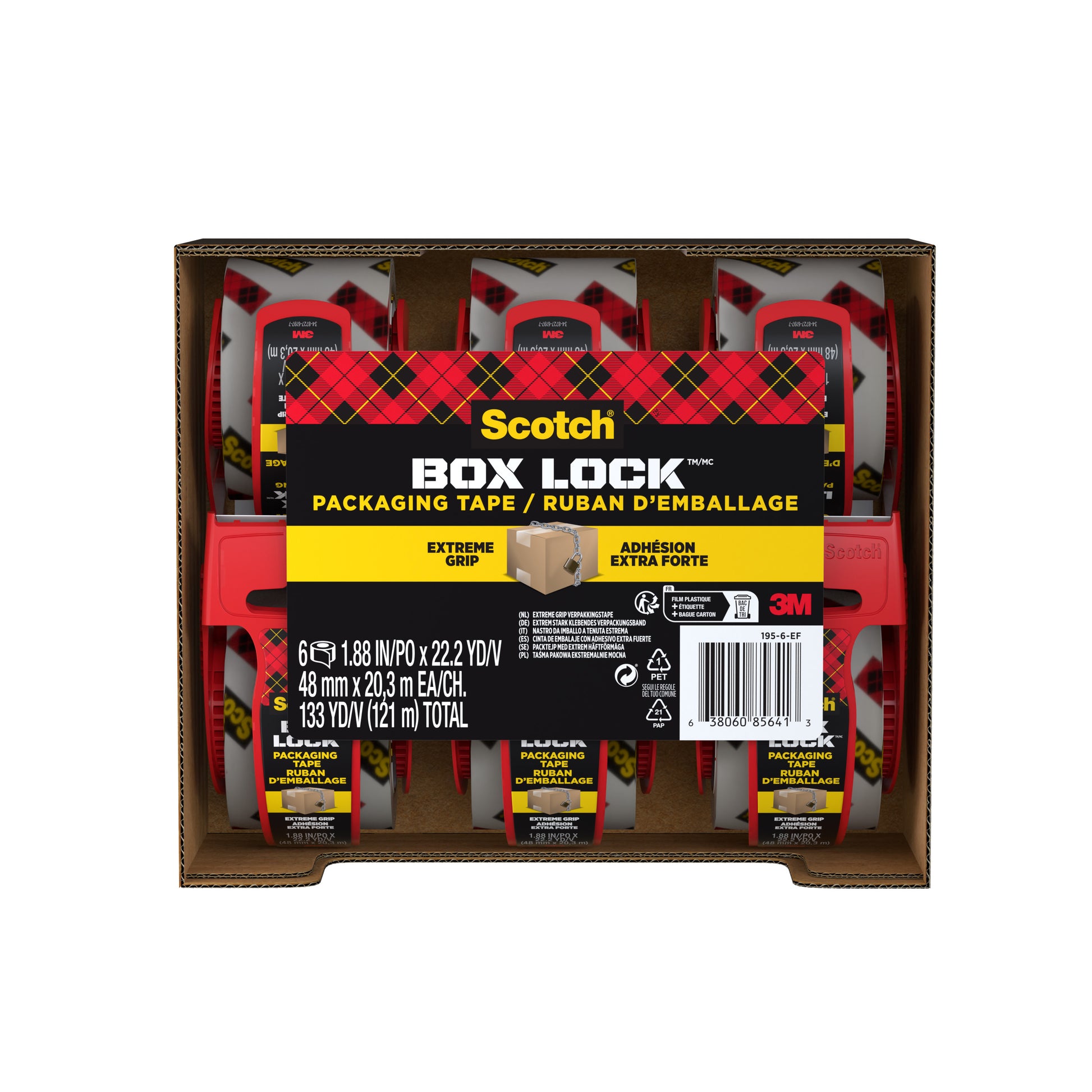 Ein Karton enthält sechs Rollen Scotch® Box Lock™ Verpackungsklebeband 48 mm x 20,3 m von 3M Deutschland GmbH, jeweils mit rotem Spender. Auf dem Etikett stehen "Extreme Grip" und "Extra Strong" sowie die Abmessungen und das 3M-Branding.