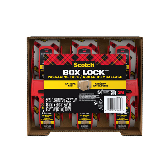 Ein Karton enthält sechs Rollen Scotch® Box Lock™ Verpackungsklebeband 48 mm x 20,3 m von 3M Deutschland GmbH, jeweils mit rotem Spender. Auf dem Etikett stehen "Extreme Grip" und "Extra Strong" sowie die Abmessungen und das 3M-Branding.