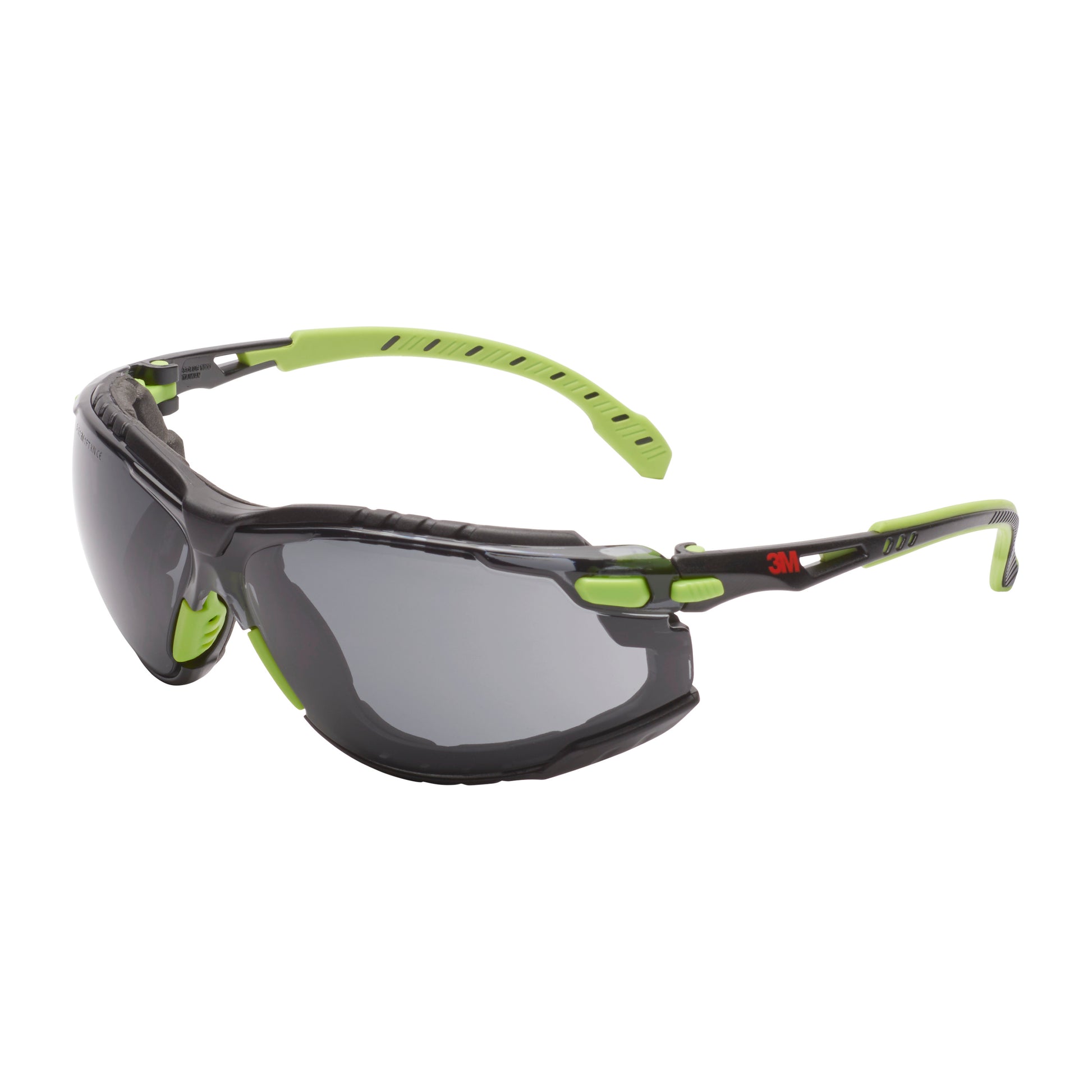 Die 3M™ Solus™ Schutzbrille 1000 von 3M Deutschland GmbH hat einen grün/schwarzen Rahmen, graue Gläser mit Scotchgard™ Anti-Beschlag-Beschichtung und eine aufsteckbare Schaumstoffdichtung. Die Packung enthält ein Paar.