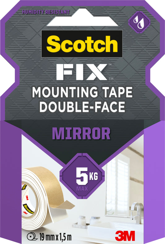 Eine Packung Scotch-FIX™ Spiegelmontageband 4496W von 3M Deutschland GmbH enthält doppelseitiges Klebeband für Spiegel, trägt bis zu 5 kg, ist 19 mm x 1,5 m groß und zeigt ein meist lila Design mit Klebeband- und Waschbeckenmotiven.