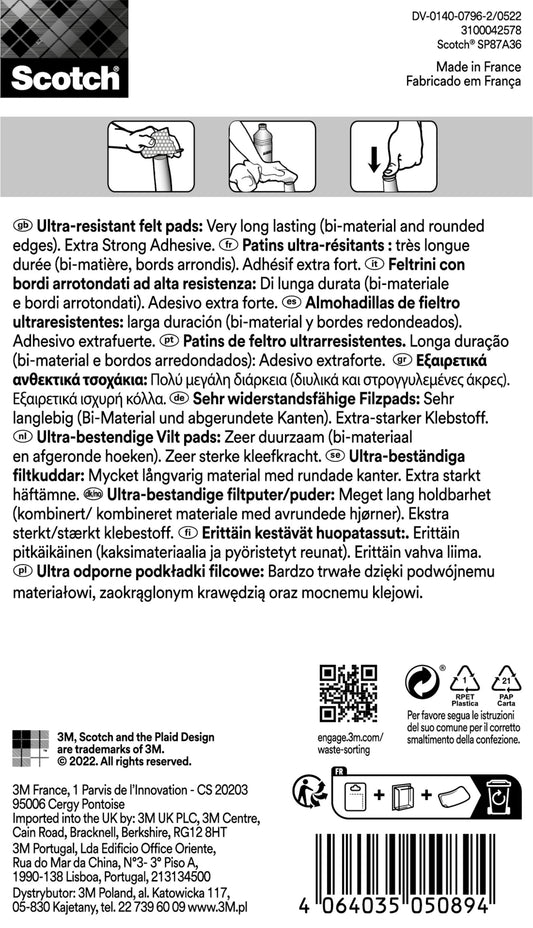Die Scotch® Extrem beständigen Filzpads SP87A36 von 3M Deutschland GmbH sind verpackt mit mehrsprachigem Etikett, Formsymbolen, Padgröße (Ø 34 mm), Menge (4/Packung), sowie Barcode und Recycling-Symbolen.