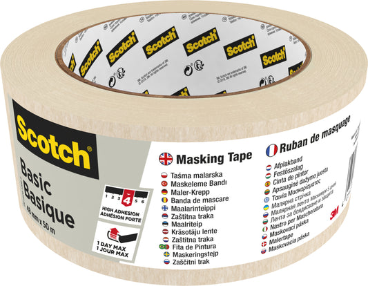 Eine Rolle Scotch® Abdeckband Basic, 50 m von 3M Deutschland GmbH, verfügt über eine mehrsprachige Verpackung mit Markenname, Produktinformation, Anwendungshinweisen, Symbol für starke Haftung, beigefarbenem Klebeband und dem 3M-Logo.