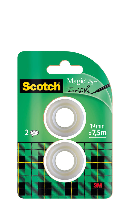 Eine Packung Scotch® Magic™ Unsichtbares Klebeband von 3M Deutschland GmbH, Nachfüllpackung mit 2 Rollen, je 19 mm x 7,5 m.