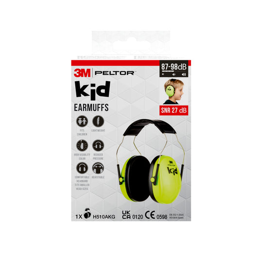 Vorderansicht einer 3M™ PELTOR™ Kapselgehörschutz für Kinder-Verpackung der 3M Deutschland GmbH mit neongrünem Kapselgehörschutz und schwarzen Ohrmuscheln. Auf der Verpackung sind Produktdetails, Zertifizierungen und Lärmschutzwerte angegeben.