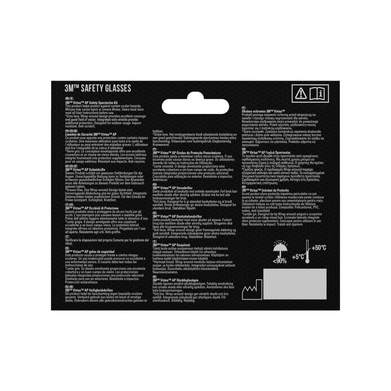 Back of the 3M Deutschland GmbH 3M™ Virtua™ AP safety glasses, gray lens packaging with white, multilingual text, eye protection and temperature range symbols, as well as product details - all on a plain black background.