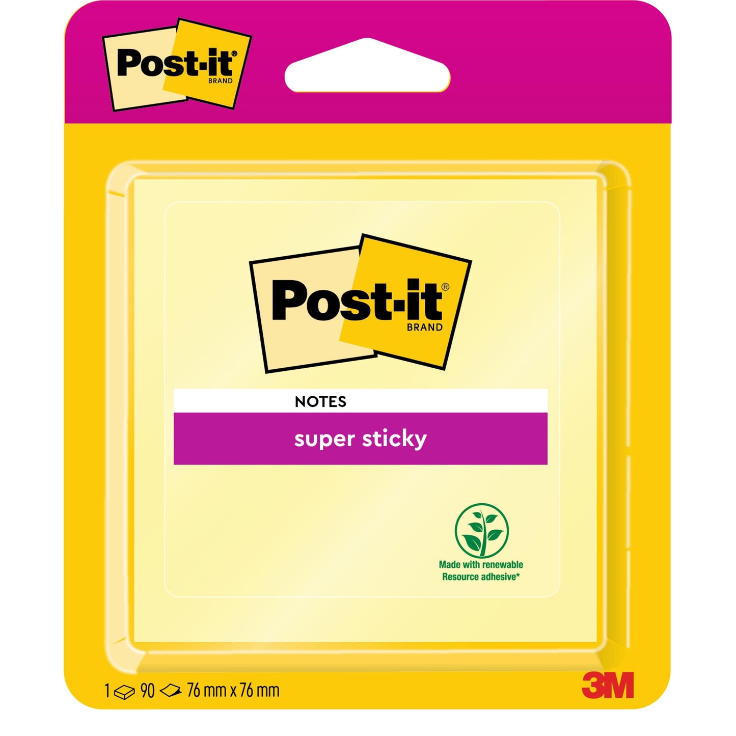 A pack of Post-it® Super Sticky Notes, Yellow (76 mm x 76 mm, 90 sheets), with a pink label, made with adhesive from renewable resources and the 3M Deutschland GmbH logo at the bottom right. PEFC certified (SGSCH-PEFC-COC-110078).