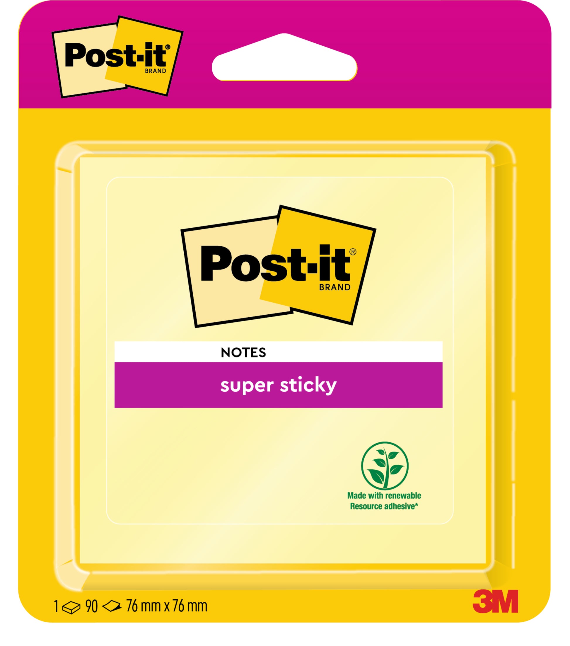 Eine Packung Post-it® Super Sticky Notes, gelb, 76 x 76 mm, 90 Blatt pro Packung, von 3M Deutschland GmbH. Mit dem Post-it Markenlogo und einem Klebstoff aus nachwachsenden Rohstoffen (100% PEFC-zertifiziert).