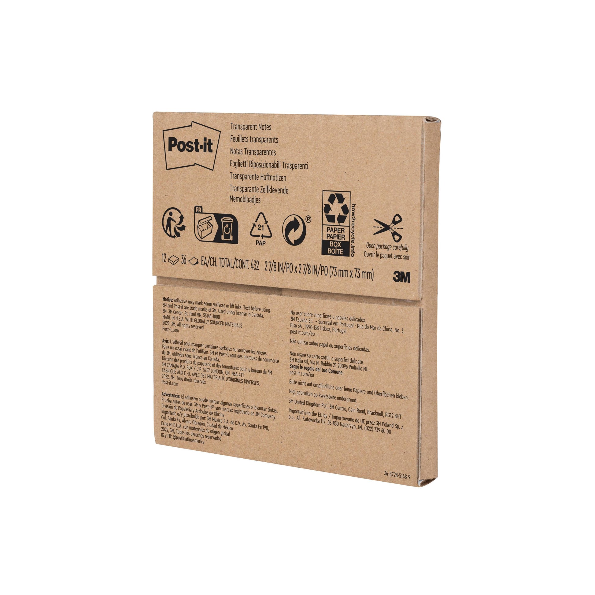 Eine Kartonpackung Post-it® Transparent Notes (73x73 mm, 36 Blatt/Block, 12 Blöcke) der 3M Deutschland GmbH zeigt auf der Vorderseite Details, Nutzungssymbole, Recycling-Symbole und mehrsprachigen Text.