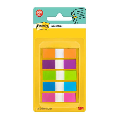 A yellow pack of Post-it® Index Tabs, Mini (11.9 mm x 43.2 mm), from 3M Deutschland GmbH, contains 100 flags in five colors - orange, pink, purple, blue, and green - each with a white stripe in the middle.
