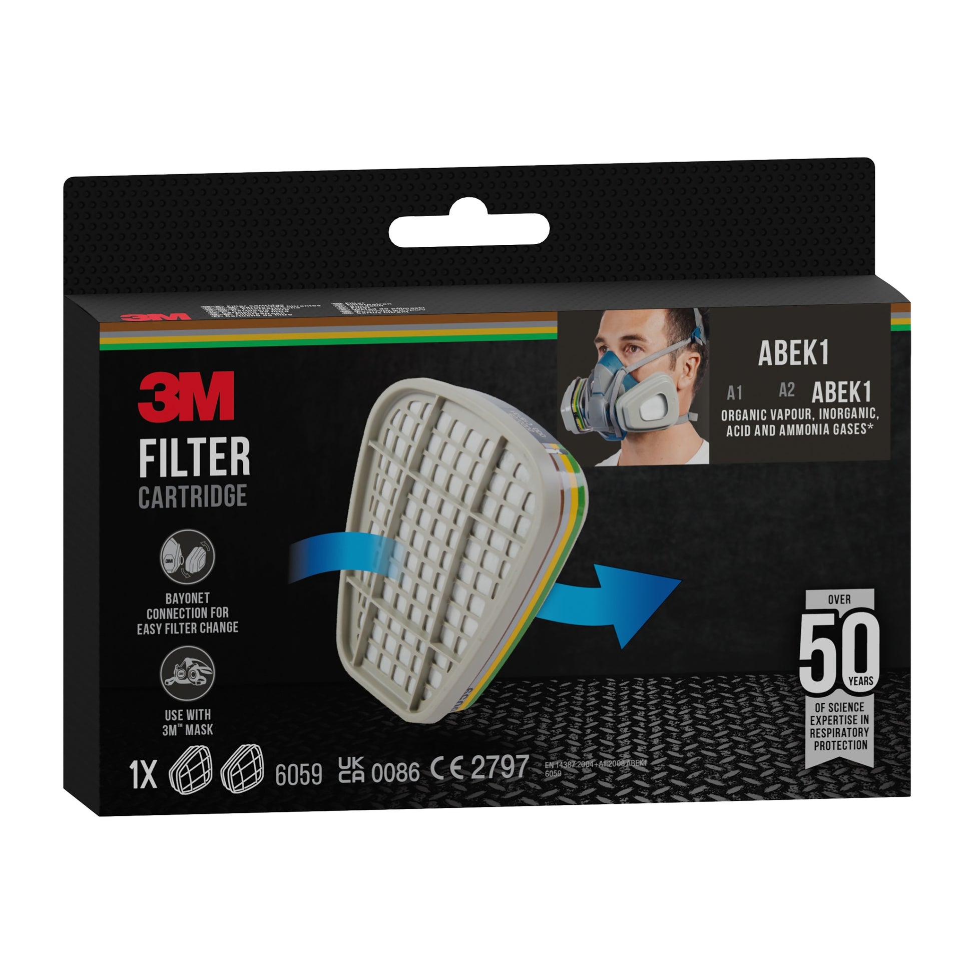 Eine Schachtel der 3M Deutschland GmbH Filterpatrone 6059 ABEK1-Kombinationsfilter mit einem großen Filterbild, einer Person mit Maske und Produktangaben. Die meist schwarze Schachtel ist mit rotem, weißem und gelbem Text und Grafiken versehen. 1 Paar/Packung.