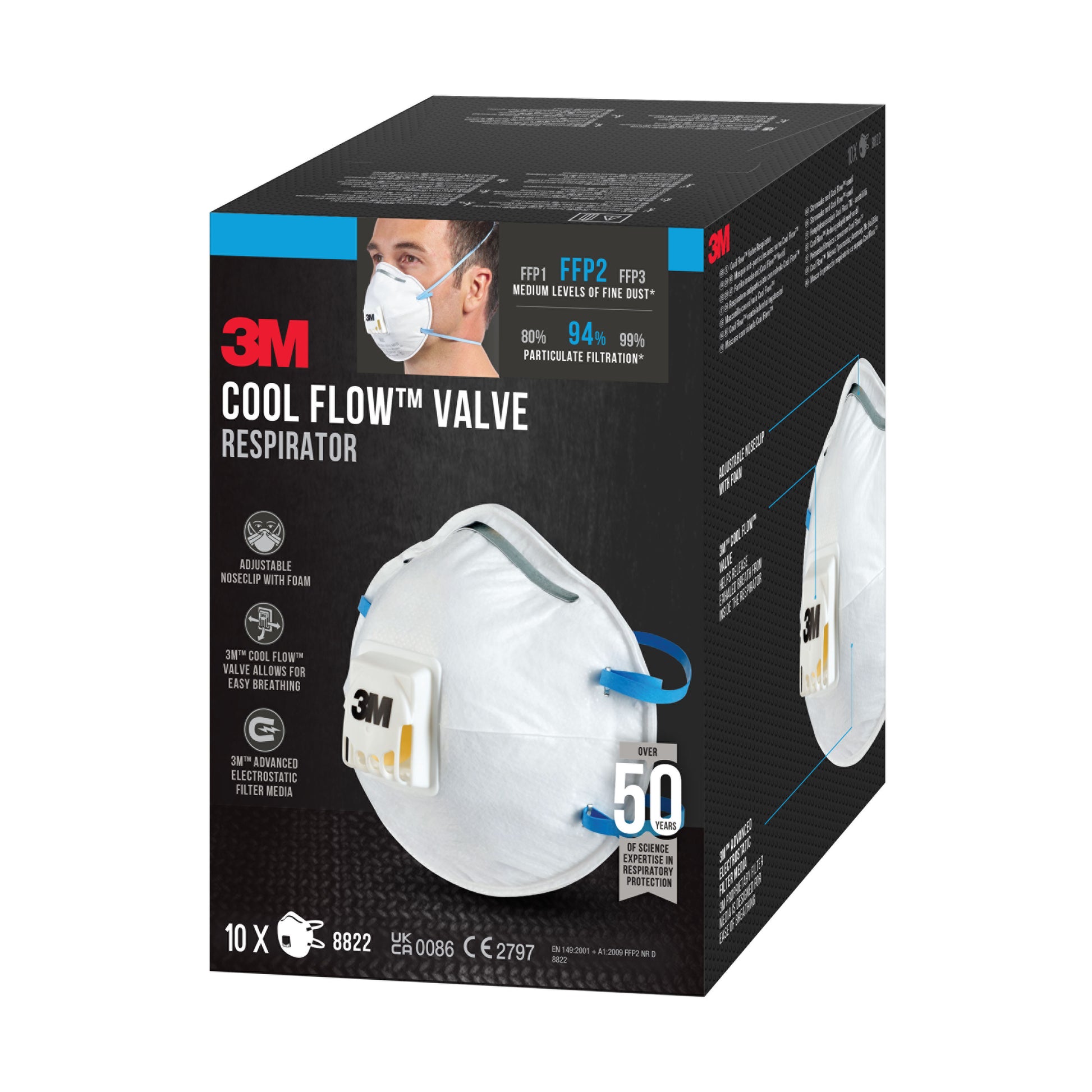 Eine Schachtel 3M™ Cool Flow™ Partikelmaske 8822, FFP2, mit Ventil der 3M Deutschland GmbH zeigt ein Foto der Maske mit Ventil und blauen Bändern und listet 10 Masken pro Schachtel und bis zu 94 % Partikelfiltereffizienz auf.