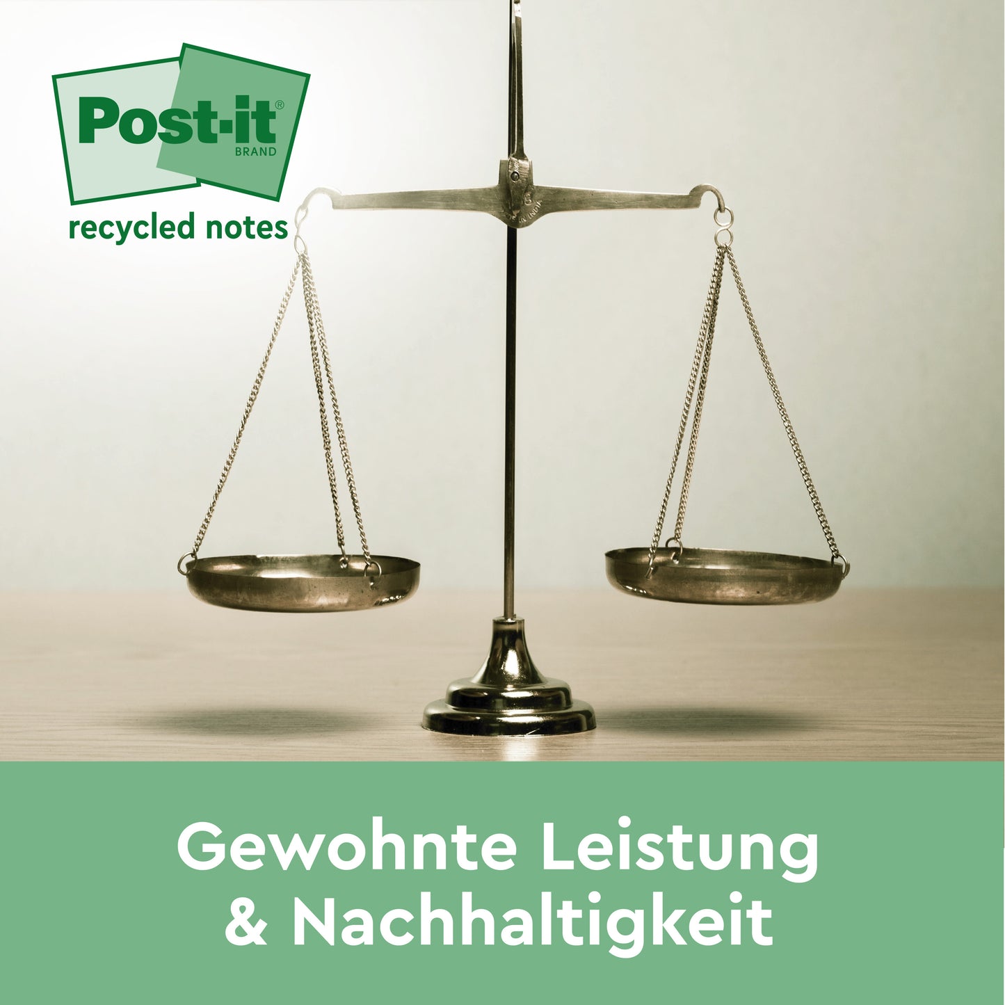 A brass scale stands on a wooden surface with a Post-it® Recycling Notes, 76 mm x 76 mm, 100 sheets/block, 100% PEFC logo from 3M Deutschland GmbH at the top left. The text below reads: "Familiar performance & sustainability."