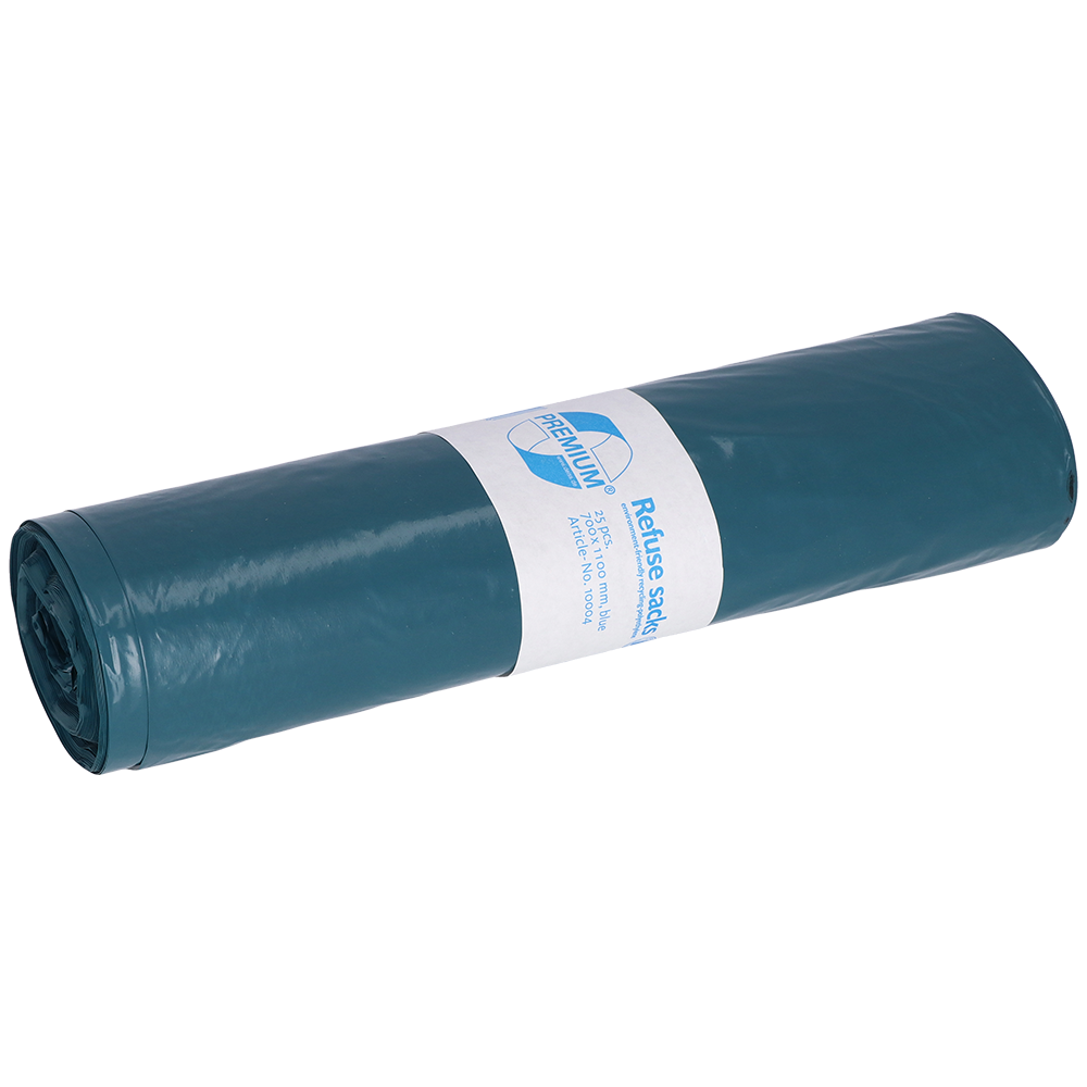 Eine Rolle blauer DEISS 10004 Müllsäcke, Typ 60 (700x1100 mm, 25 Stück) der EMIL DEISS KG (GmbH + Co.), mit weißem Etikett mit Produktinformation und einfacher Grafik, abgebildet auf einem schlichten weißen Hintergrund.