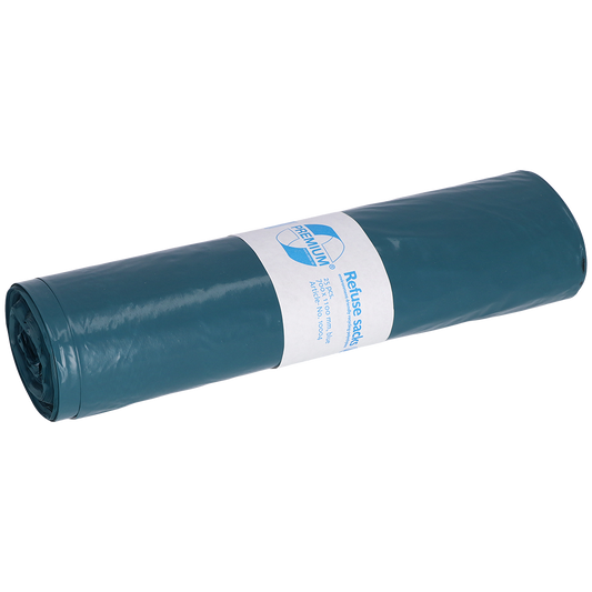 Eine Rolle blauer DEISS 10004 Müllsäcke, Typ 60 (700x1100 mm, 25 Stück) der EMIL DEISS KG (GmbH + Co.), mit weißem Etikett mit Produktinformation und einfacher Grafik, abgebildet auf einem schlichten weißen Hintergrund.