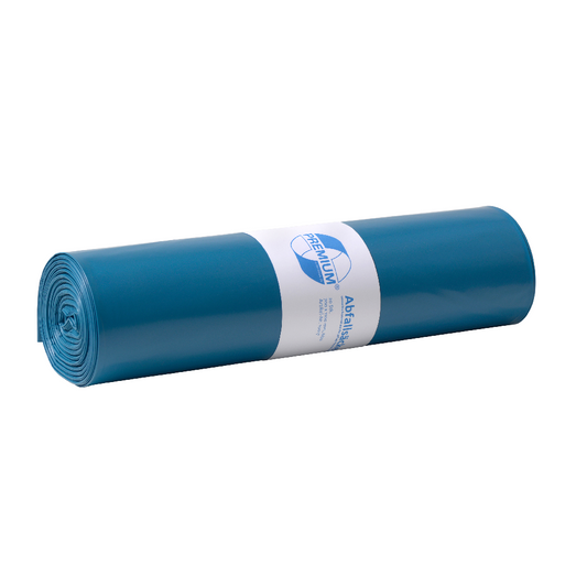 Eine aufgerollte blaue EMIL DEISS KG (GmbH + Co.) DEISS 10017 - 700x1100 mm Typ 100 Plastiktütenrolle (20 Stück) mit einem weißen Etikett in der Mitte, abgebildet auf einem schlichten weißen Hintergrund.