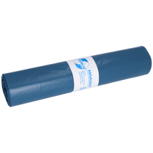 A rolled-up DEISS 10022 garbage bag roll (20 pieces, 860x1100x0.06 mm, blue) from EMIL DEISS KG (GmbH + Co.) with a white-blue label in the middle for professional use against a light background.