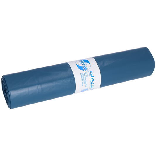 Eine aufgerollte DEISS 10022 Müllsäcke Rolle (20 Stück, 860x1100x0,06 mm, blau) von EMIL DEISS KG (GmbH + Co.) mit weiß-blauem Etikett in der Mitte für professionelle Anwendung vor hellem Hintergrund.