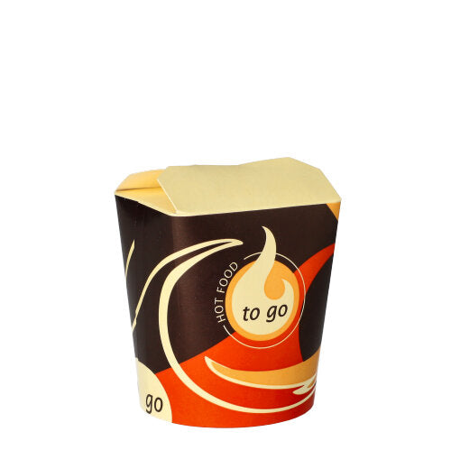 Eine geschlossene, leere Starpak 50 Snackboxen „To Go“ eckig (550 ml) von Starpak, in Braun, Rot und Gelb mit „HOT FOOD To Go“ auf der Vorderseite, ist auf schlichtem weißem Hintergrund abgebildet.