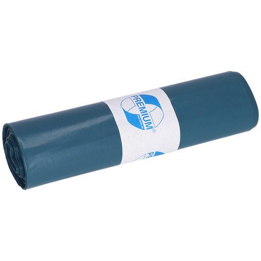 Eine aufgerollte EMIL DEISS KG (GmbH + Co.) DEISS 10032 blaue Müllsackrolle (25 Säcke, 630x800x0,05 mm) mit einem "PREMIUM"-Etikett ist auf einem schlichten weißen Hintergrund abgebildet.