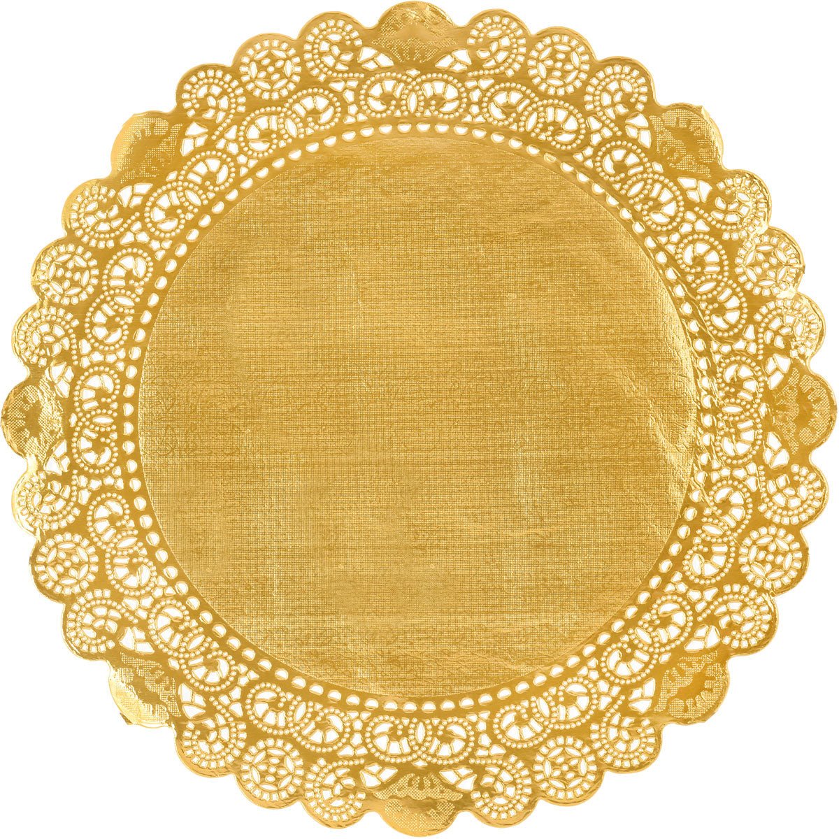 The round doilies from Duni GmbH have a round, golden design with intricate, lace-like edges and a smooth center - ideal for decorating cakes at your wedding or adding elegance to any celebration.