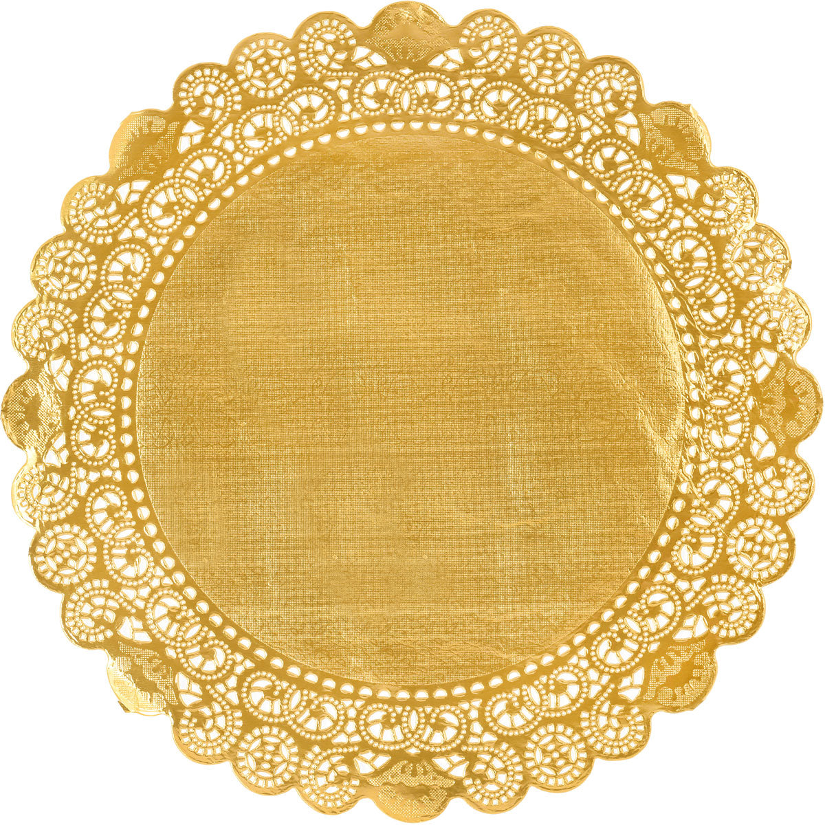 Die Tortenspitzen Rund von Duni GmbH haben ein rundes, goldenes Design mit verschlungenen, spitzenähnlichen Rändern und einer glatten Mitte - ideal für die Dekoration von Torten bei Ihrer Hochzeit oder um jeder Feier Eleganz zu verleihen.