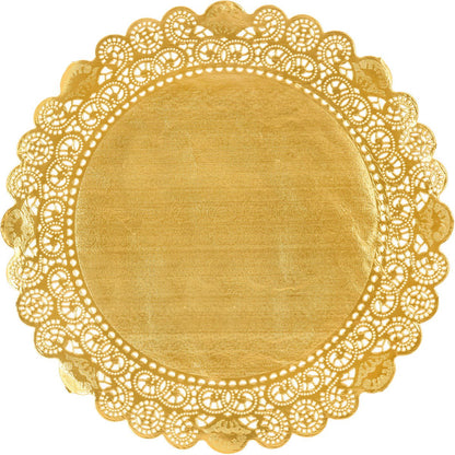The round doilies from Duni GmbH have a round, golden design with intricate, lace-like edges and a smooth center - ideal for decorating cakes at your wedding or adding elegance to any celebration.