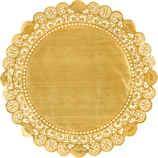 Die Tortenspitzen Rund von Duni GmbH haben ein rundes, goldenes Design mit verschlungenen, spitzenähnlichen Rändern und einer glatten Mitte - ideal für die Dekoration von Torten bei Ihrer Hochzeit oder um jeder Feier Eleganz zu verleihen.
